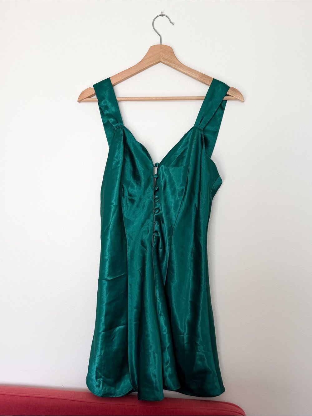 Insane Emerald Green Satin Slip Princess Seam Dress With Button Detailed Front